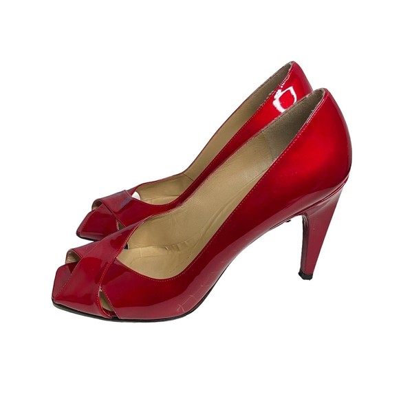 Stuart Weitzman Sashay Candy Apple Red Patent Leather Peep Toe Heels Sz 9.5 a24 - Picture 3 of 7